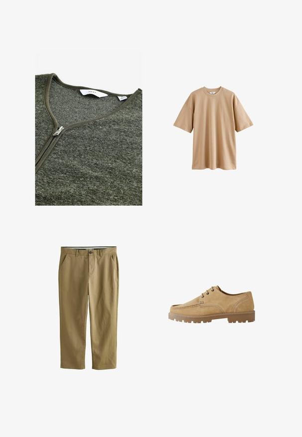 Žalias užtrauktuku užsegamas megztinis su V formos iškirpte, pagamintas iš tekstūruotos medžiagos. Jame yra metalinis užtrauktukas ir paprastas etiketė viduje.; Šviesiai ruda trumpomis rankovėmis paminkštinta medvilninė marškinėliai su apvaliu kaklu ir laisvu kirpimu, pasižymintys lygiu paviršiumi ir be raštų ar akcentų.; Chaki chino kelnės, pagamintos iš medvilnės mišinio, su dviem šoniniais kišenėmis, mygtukų užsegimu, tiesiomis kojomis ir lygiu paviršiumi.; Šviesiai rudos zomšinės batai su raišteliais, apvaliu pirštu, kontrastingomis siūlėmis ir storesniu guminiu padu su grublėta struktūra, užtikrinančia sukibimą.