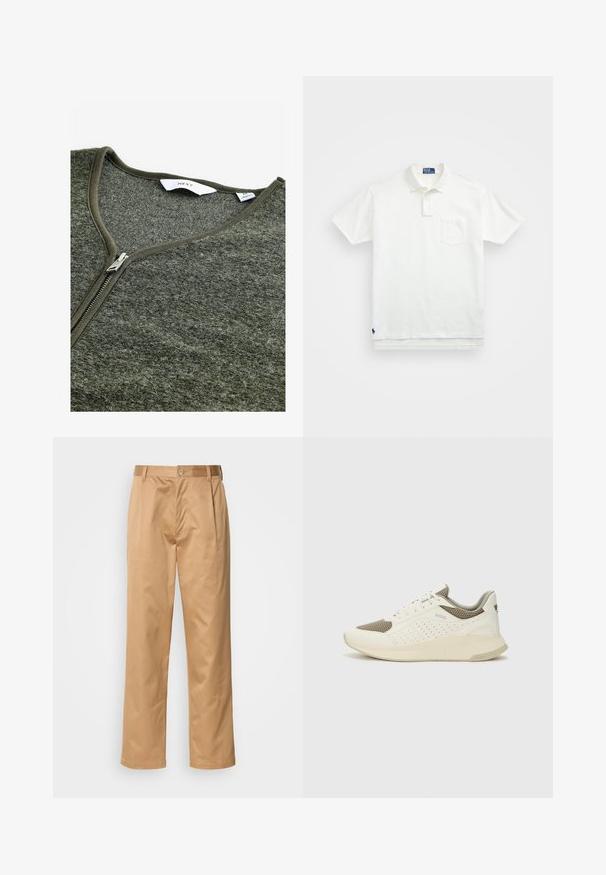 Zelený zipsový sveter s výstrihom do V, vyrobený z textúrovanej látky. Obsahuje kovový zips a jednoduchú visačku vo vnútri.; Biela polo tričko vyrobené z bavlny, s klasickým golierom, trojbuttonovou légou a vreckom na ľavej hrudi; malé logo na spodnom leme.; Khaki nohavice, z bavlneného zmesi, priamy strih, predné záhyby, pútka na opasok a gombíkový uzáver. Hladká textúra bez vzoru.; Biele a svetlo béžové športové tenisky s hornou časťou z mriežkového materiálu, perforovanými detailmi a textúrovanou medzipodrážkou s logom na päte.