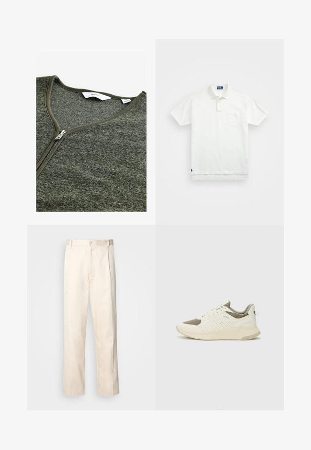 Žalias užtrauktuku užsegamas megztinis su V formos iškirpte, pagamintas iš tekstūruotos medžiagos. Jame yra metalinis užtrauktukas ir paprastas etiketė viduje.; Balta polo marškiniai pagaminti iš medvilnės, su klasikiniais kraštais, trijų mygtukų sprandeliu ir kairiuoju krūtinės kišeniu; mažas logotipas apačioje.; Bežinės medvilninės kelnės su tiesiu kirpimu, turinčios mygtuko uždarymą ir priekyje raukšles papildomai dekoratyviam akcentui.; Baltas ir šviesiai bežinis sportinis kedas, su tinklo viršumi, perforuotais detalėmis ir tekstūruotu tarpine su logotipu ant kulno.