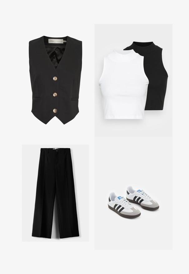 Črna brezrokavnica z V-izrezom, tremi zlatimi gumbi in sprednjimi žepi. Narejena iz gladkega blaga z satensko podlogo.; Dva brezrokavniki z rebrasto turtleneck gorami v črni in beli barvi, z oblikovanim dizajnom in gladko teksturo, v skrajšani dolžini.; Črne široke hlače iz lahkega materiala, z zapiranjem na gumb spredaj in ravnim sprednjim delom, s skrbno zašiti robovi.; Športni čevlji z belim usnjenim zgornjim delom, sivim semišem na prstih in tremi črnimi črtami. Imajo modro logo na jeziku in teksturiran gumijast podplat.
