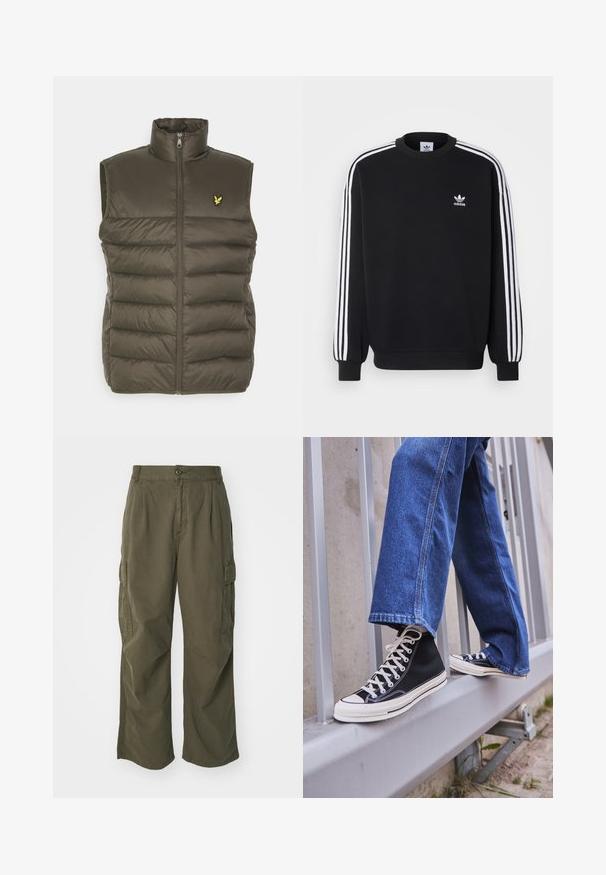 Padded west v olivno zeleni barvi z visokim ovratnikom, sprednjim zadrgo in izvezenim logotipom na prsih. Gladka, lahka tekstura.; Črna majica s kapuco z belim trakom s tremi črtami na rokavih, okroglo ovratnico, rebrastimi manšetami in majhnim belim logotipom Adidas na prsih.; Temno modra bombažna majica s krožnim izrezom in kratkimi rokavi. Ima preprost dizajn brez vzorcev ali okrasitev.; Kargo hlače v olivno zeleni barvi, izdelane iz bombaža, s širokim krojem, nabranimi detajli in stranskimi žepi za praktičnost.; Črne visoke teniske z belim podplatom in vezalkami, v kombinaciji z ohlapnimi modrimi džinsom, naslonjene na sivo ograjo.