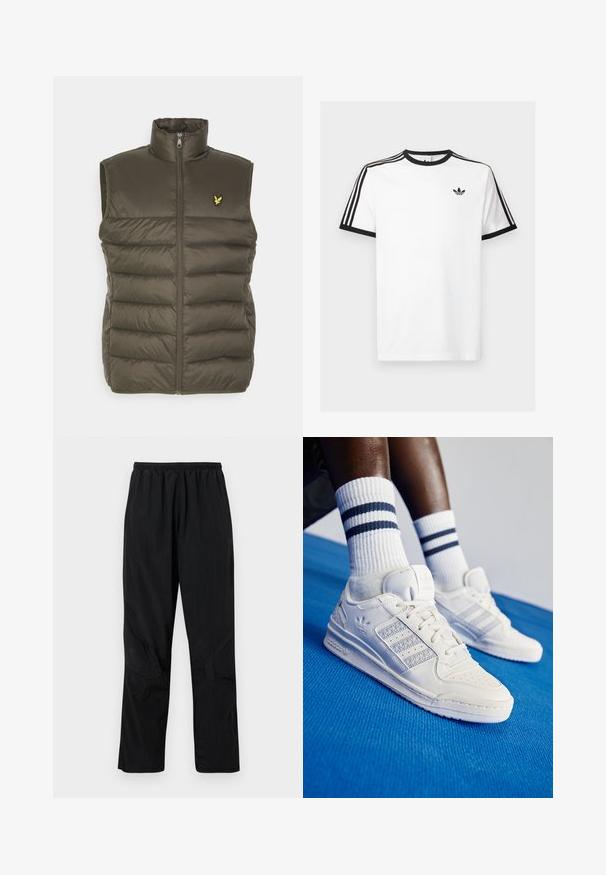 Olivenfarbene gepolsterte Weste mit hohem Kragen, vorderem Reißverschluss und gesticktem Logo auf der Brust. Glatte, leichte Textur.; Weißes Baumwoll-T-Shirt mit schwarzem Rippenkragen und Ärmeln, mit drei schwarzen Streifen auf jeder Schulter und einem kleinen Logo auf der Brust.; Schwarze Nylonhosen mit einem elastischen Bund, die ein leichtes, strukturiertes Finish und Nahtakzente für ein modernes Design aufweisen.; Weiße Leder-Sneaker mit perforierten Akzenten, drei metallischen Streifen und einem strukturierten Seitenpaneel. Getragen mit weißen Socken mit blauen Streifen.