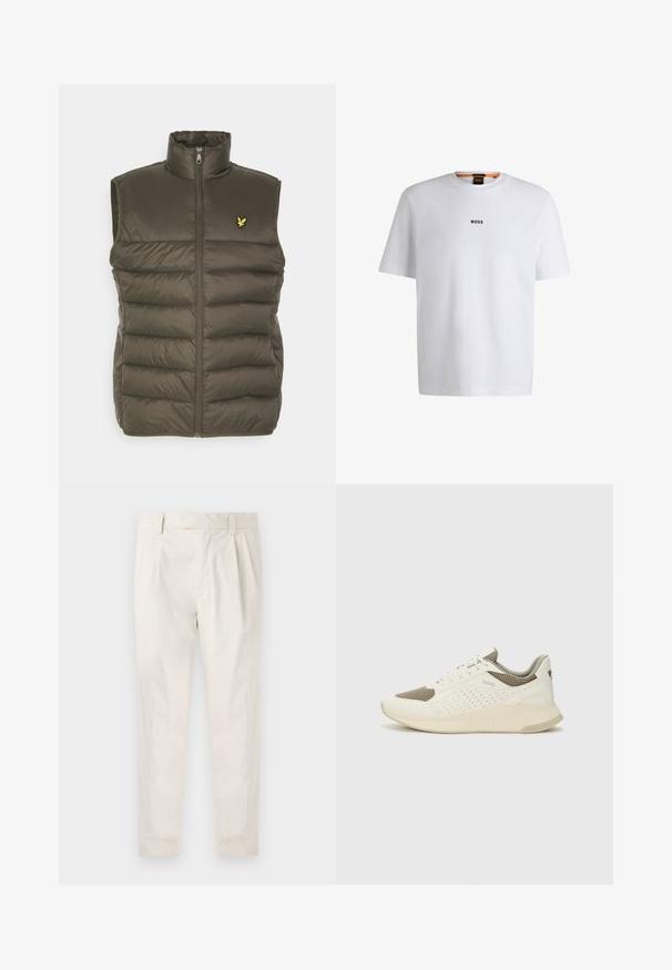 Padded west v olivno zeleni barvi z visokim ovratnikom, sprednjim zadrgo in izvezenim logotipom na prsih. Gladka, lahka tekstura.; Bela bomba iz bombaža s kratkimi rokavi, ki ima črni logotip "BOSS" na sredini prsnega dela in okroglo obliko ovratnika.; Bele, plisirane hlače s krojenim prileganjem, z gladko teksturo, z zankami za pas in ožjimi hlačnicami. Brez vidnih žepov ali vzorcev.; Beli in svetlo bež športni copat, s mrežastim zgornjim delom, perforiranimi detajli in teksturirano srednjim delom z blagovno znamko na peti.