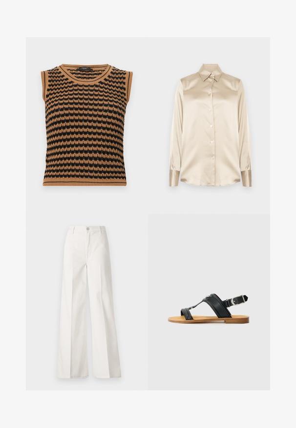 Ilma varrukatega kudumine topp, millel on pruun ja must lainelise mustriga, ribitud äärega kaela avas ja hemil. Kerge, tekstuuriga kangas.; Beige satiinist särk, millel on terav krae, täispikkade varrukatega, nööbiga kinniti ja veidi läikivamad mansetid. Ilma mustrite või aktsentideta.; Valged laiade jalgadega püksid, mis on valmistatud siledast puuvillast. Omab esitallist ning lukuga sulgemist ja nelja tasku disaini.; Mustad mustad nahast sandaal reguleeritava pandlaga, lame pruuni tallaga, ja kaks laia rihma, mis ületavad jalga, minimalistik disain.