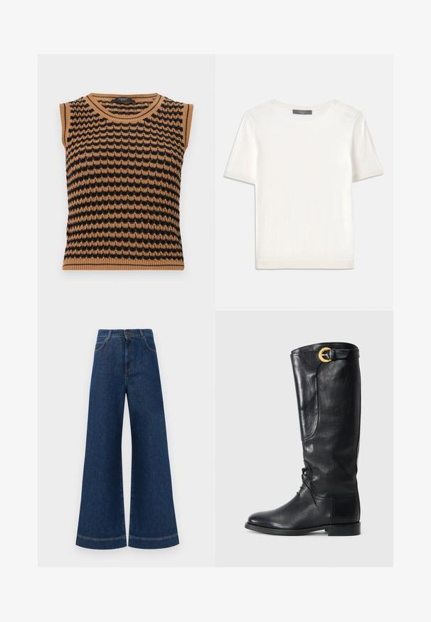 Ženska brezrokavna pletena majica z valovnim vzorcem v rjavi in črni barvi, z rebrastim robom ob ovratniku in robu. Lahka, teksturirana tkanina.; Bela kratka pletena majica s kratkimi rokavi in okroglim izrezom, ki ima gladko teksturo in subtilne rebrovane detajle na rokavih in robu.; Svetlo modri jeans širokih nogavic z visokim pasom, ki imajo zaponko, težke zanke za pas in subtilne šive ob žepih in robovih.; Ženske črne usnjene škornje do kolen, s zaobljenim nosom, spredaj vezane, z bočno dekoracijo in z zlatim okrasnim sponko na vrhu. Gladka površina.