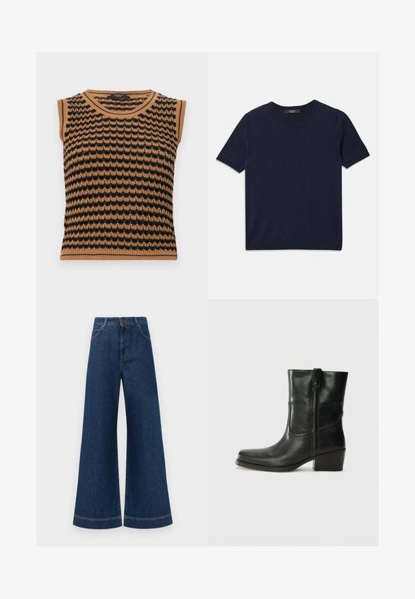 Ilma varrukatega kudumine topp, millel on pruun ja must lainelise mustriga, ribitud äärega kaela avas ja hemil. Kerge, tekstuuriga kangas.; Tumesinine lühikese varrukaga T-särk, valmistatud pehmest kangast, ümarate krae ja soonikservadega, sile tekstuur ja ilma nähtavate mustriteta.; Laia siniste denim pükste suur jalg, kõrge vöökoht, nupuga kinnitamine, vöökohad ja peened õmblusdetailid taskute ja äärte ääres.; Musta nahast pahkluu saabas ümarate varvastega, plokknäppu, külgsepa ja pealsetel õmblusest aktsentidega. Sile tekstuur, klassikaline disain.