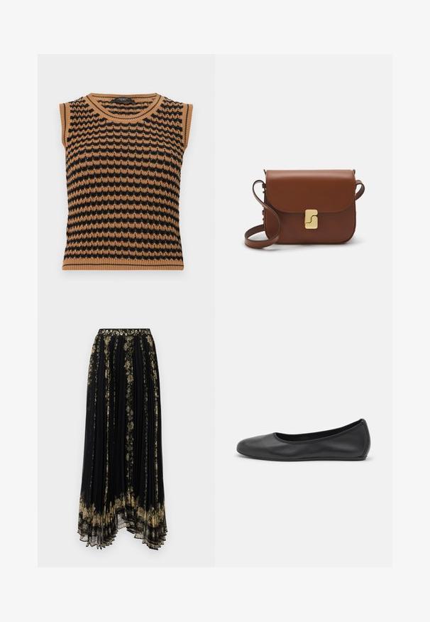 Ärmelloses Strickoberteil mit einem Wellenmuster in Braun und Schwarz, mit geripptem Besatz am Ausschnitt und Saum. Leichtes, strukturiertes Gewebe.; Weißes kurzärmliges T-Shirt aus geripptem Stoff. Runder Halsausschnitt, normale Passform und dezente Nähte. Keine Muster oder Grafiken.; Schwarzer plissierter Rock mit floraler Stickerei in Gold- und Grüntönen, mit einem dekorativen Bund und einem fließenden, asymmetrischen Saum.; Schwarze Leder-Ballettschuhe mit abgerundeter Spitze, glatter Textur, minimalen Nähdetails und einem flexiblen Sohlen-Design.; Braune Ledertasche mit Klappenverschluss, Beschlägen in Goldfarbe, einem Schultergurt und einer glatten Oberfläche. Kompakte rechteckige Form.