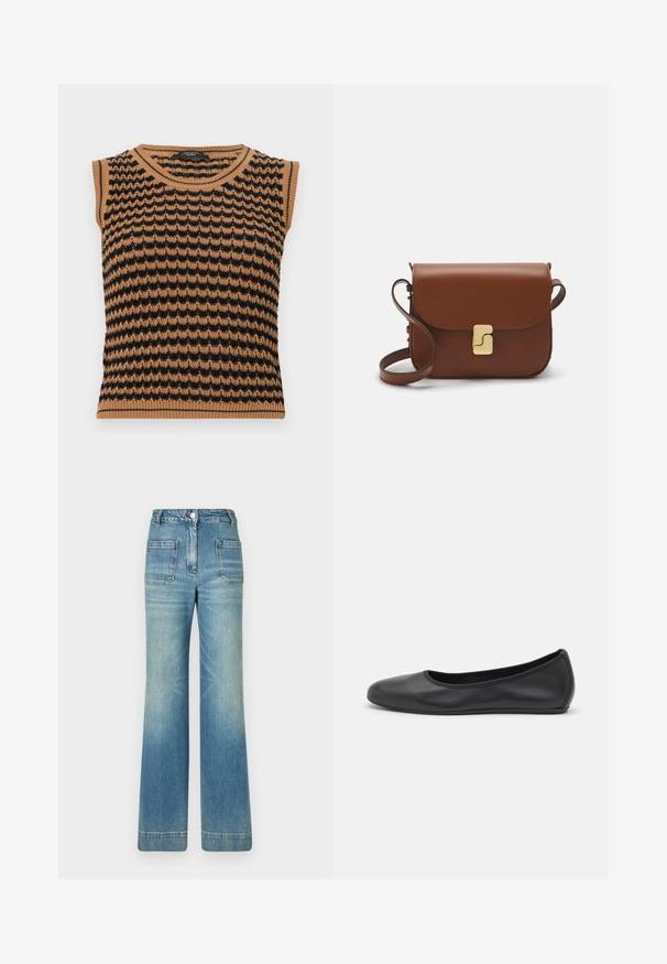 Bezramenný pletený top s vlnitým vzorem v hnědé a černé barvě, s žebrovaným lemem na výstřihu a spodním okraji. Lehká, texturovaná tkanina.; Bílá tričko s krátkým rukávem vyrobené z žebrované tkaniny. Kulatý výstřih, normální střih a jemné detaily šití. Bez vzorů nebo grafik.; Světle modré džíny s rozšířenými nohavicemi, pěti kapsami, poutky na opasek, zapínáním na knoflík a mírně vybledlou texturou, s červeným logem na zadní straně.; Černé kožené baletní byty s kulatou špičkou, hladkou texturou, minimálními švy a flexibilním designem podrážky.; Hnědá kožená kabelka s klopou, zlatými kovovými detaily, ramenním popruhem a hladkým povrchem. Kompaktní obdélníkový tvar.