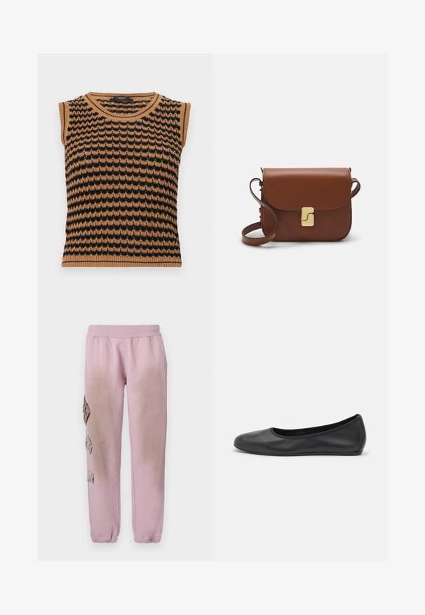 Halenka bez rukávov s pleteným vzorom vo farbách hnedá a čierna, s rebrovaným lemovaním výstrihu a dolného okraja. Ľahká, textúrovaná tkanina.; Biela krátka tričko s krátkymi rukávmi vyrobené z rebrovanej látky. Klasický okrúhly výstrih, bežný strih a jemné švy. Bez vzorov alebo grafiky.; Ružové tepláky s elastickým pásom, s ozdobnými nášivkami v tvare diamantu na ľavej strane a elastickými manžetami na členkoch.; Čierne kožené baleríny s okrúhlou špičkou, hladkým povrchom, minimálnym prešívaním a flexibilným dizajnom podrážky.; Hnedá kožená kabelka s klopou, zlatými kovovými prvkami, ramenným popruhom a hladkým povrchom. Kompaktný obdĺžnikový tvar.