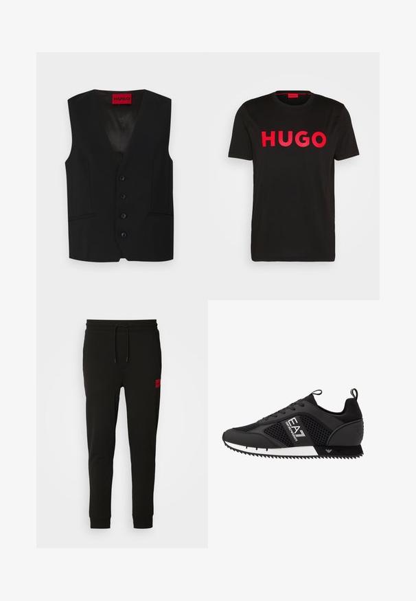 Crni prsluk s V-izrezom, zatvaranjem na pet dugmadi i dva prednja džepa. Napravljen od glatkog materijala s elegantnim, prilagođenim izgledom.; Crna pamučna majica s istaknutim crvenim "HUGO" tekstom na prednjoj strani, kratkim rukavima, okruglim izrezom i opuštenim krojem.; Crne trenirke od mekanog materijala, s elastičnim pojasom, slim fit krojem i crvenom logotip om na lijevom bedru.; EA7 Emporio Armani Tenisice - black/white