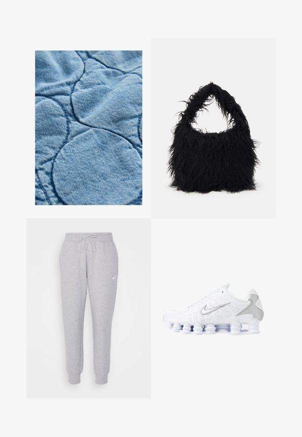 Denim tkanina s kviltiranim dizajnom i kružnim uzorcima; svijetloplava boja, mekana tekstura i vidljivi šavovi.; Siva skraćena dukserica napravljena od mekog materijala. Ima podesivu kapuljaču, široke rukave i mali logo sprijeda.; Svijetlosive trenirke s elastičnom trakicom u struku, sužene nogavice i mali bijeli logo na lijevom bedru. Izrađene su od mekog, teksturiranog materijala.; Bijele atletske tenisice s mrežastim gornjim dijelom, srebrnim akcentima i jedinstvenim dizajnom potplata u obliku spirale. Imaju podstavljeni ovratnik i vezanje za prilagodbu.; Even&Odd Velika torba - black; Srebrne naušnice u obliku kružnice s glatkom, poliranom površinom i tankim, okruglim oblikom. Dizajn uključuje sigurno kopčanje.