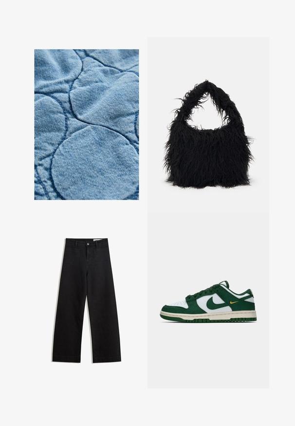 Denim-kangas, jossa on tilkkutyömalleja pyöreillä kuvioilla; vaaleansininen väri, pehmeä tekstuuri ja näkyvät tikkauskorostukset.; Valkoinen, vetoketjukauluksellinen neulepaita pitkillä hihoilla. Valmistettu pehmeästä neulemateriaaleista, jossa on ribattu hihansuu ja helma. Huomaamaton brändilogo helmassa.; Mustat leveät farkut korkealla vyötäröllä, joissa on etu- ja takataskut, ommellut saumat ja nappisuljenta. Silkinoinen rakenne.; Matala Nike-tenniskenkä valkoisesta ja tummasta vihreästä naykastusta, jossa on yhteensopiva vihreä swoosh ja pieni keltainen swoosh-yksityiskohta sivulla.; Even&Odd Shopping bag - black