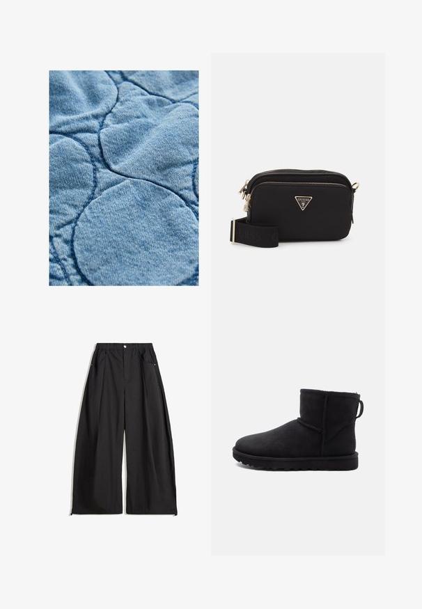 Tăsătura din denim cu un design matlasat, având forme circulare; culoare albastru deschis, textură moale și accente de cusături vizibile.; Hanorac gri scurt din material moale, cu un grafic frontal care are text roșu și negru. Finalizat cu glugă și manșete ribbate.; Pantaloni negri cu picioare largi, cu un tiv înalt, având pliseuri, închidere cu un nasture în față și două buzunare laterale. Realizați dintr-un material cu o textură specială.; Botă ankle din suede negru, cu vârf rotund, căptușeală din blană de oaie și talpă din cauciuc plat. Dispune de o cusătură laterală și o mânere în partea din spate.; Geantă de umăr din nylon negru, cu un logo triunghiular aurit, închidere cu fermoar și o curea ajustabilă lată, pe care este scris cu negru cuvântul "GUESS".