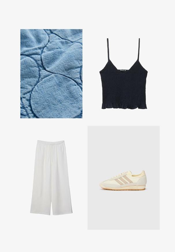 Denimstof med en quiltet design og cirkulære mønstre; lyseblå farve, blød tekstur og synlige syninger.; Marineblå, smocket crop top med tynde justerbare stropper og en flæse i kanten. Lavet af letvægtsstof med en tekstureret overflade.; Hvide vidde bukser lavet af letvægtsstof, med en elastisk talje og snøre for justerbar pasform. Glat tekstur.; Creme atletisk sneakers med tre beige striber, lavet af ruskind og tekstilmaterialer, en struktureret sål og prægede mærker på hælen.