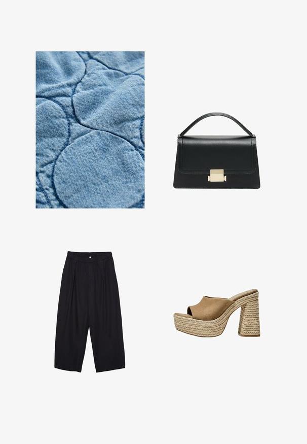 Tkanina denimowa z pikowanym wzorem w okrągłe wzory; jasnoniebieski kolor, miękka faktura i widoczne akcenty szwów.; Biała koszulka z długim rękawem wykonana z prążkowanej tkaniny, z okrągłym dekoltem i prostym wykończeniem. Prosty, jednolity wzór.; Czarne spodnie culotte z poliestru z elastycznym pasem, dwoma fałdami z przodu i luźnym krojem. Brak widocznych wzorów lub elementów metalowych.; Brązowe zamszowe mule na platformie z otwartym noskiem, z grubo plecioną jutową obcasem i gładkim, zaokrąglonym górnym fasonem.; Czarna skórzana torebka o zorganizowanej konstrukcji, z górną rączką i złotym metalowym zapięciem z przodu. Gładka faktura, minimalne przeszycia.