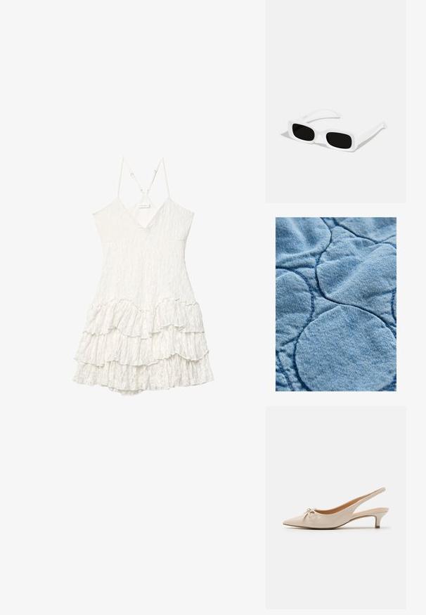 Denimstoff mit einem gesteppten Design und kreisförmigen Mustern; hellblaue Farbe, weiche Textur und sichtbare Nähte.; Weiße Baumwoll-T-Shirts, Rundhalsausschnitt, kurze Ärmel, etwas lockere Passform, glatte Textur, Doppelpackung, minimalistisches Design.; Weißes ärmelloses Spitzenkleid mit V-Ausschnitt, verstellbaren dünnen Trägern und gestuftem Rüschensahne-Detail.; Beige Lackleder Slingbacks mit spitzer Zehenform und einer dekorativen Schleife auf dem Blatt. Verfügt über einen niedrigen, schlanken Absatz und eine glatte Textur.; Weiße rechteckige Sonnenbrillen mit schwarzen Gläsern, ausgestattet mit einer matten Oberfläche und glatter Textur. Die Bügel sind schlank und leicht gebogen.