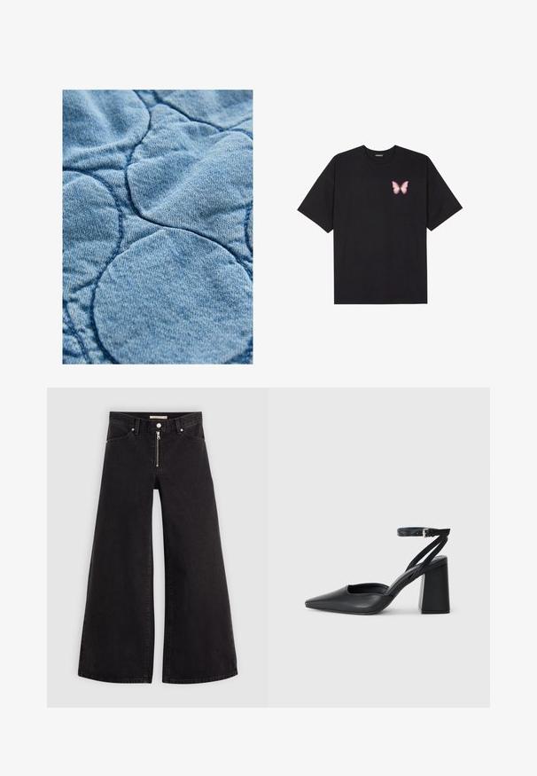 Denimkangas, millel on tikandiga kujundus ringikujuliste mustritega; helesinine värv, pehme tekstuur ja nähtavad õmblusaktsendid.; Must muströöpidega must puuvillane T-särk, vasakul rinnal on väike roosa liblikas. Ümar kaelus ja vabalt istuv lõige.; Laiad teksad mustast denimist, millel on lukuga eesmine osa, viie taskuga disain ja peened õmblusdetailid. Sile tekstuur ja juhuslik stiil.; Mustmustest must-käigukingad, millel on konksuga nöör ja paks konts. Ühtlane tekstuur, stiilne disain ja minimalistlik esteetika.