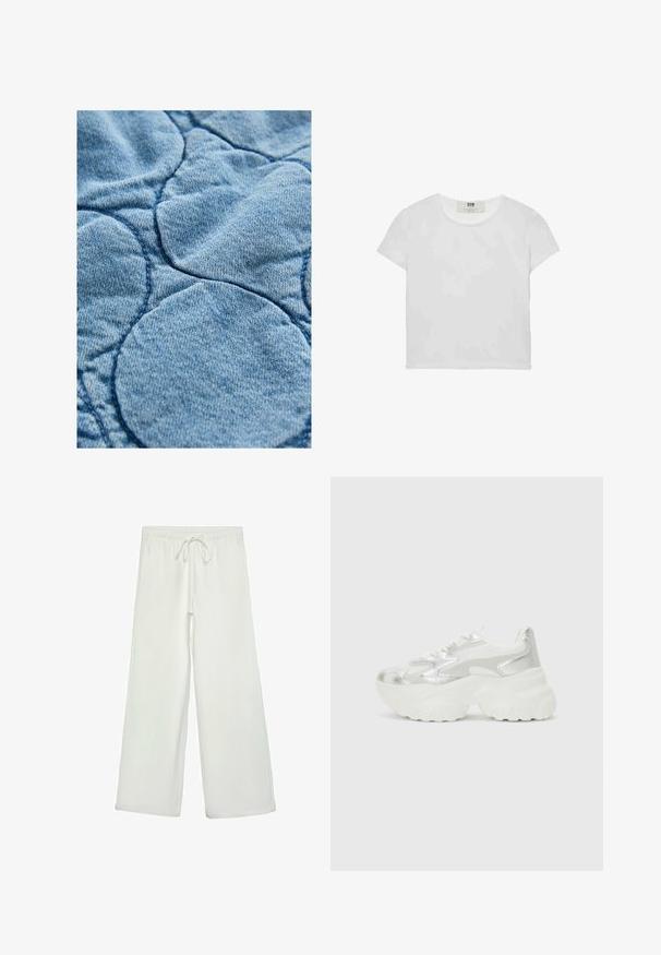 Denimtyg med ett vadderat mönster och cirkulära mönster; ljusblå färg, mjuk textur och synliga sömnadsdetaljer.; Kortärmad, rundhalsad vit t-shirt i mjuk bomull, med en enkel, ren design utan synliga mönster eller detaljer.; Vita vida byxor i mjukt tyg. Har en elastisk midja med dragsko och en slät yta. Inga synliga mönster eller metalldetaljer.; Silver sneakers med en texturerad mesh-överkonstruktion och iriserande accenter, med en kraftig vit sula och snörning.