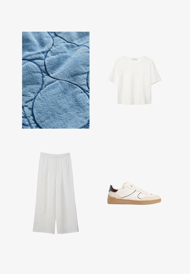 Denimstof med en quiltet design og cirkulære mønstre; lyseblå farve, blød tekstur og synlige syninger.; Hvid kortærmet t-shirt lavet af bomuld. Har en rund halsudskæring og en afslappet pasform. Glat tekstur uden synlige mønstre eller detaljer.; Hvide vidde bukser lavet af letvægtsstof, med en elastisk talje og snøre for justerbar pasform. Glat tekstur.; Stradivarius Sneakers - white