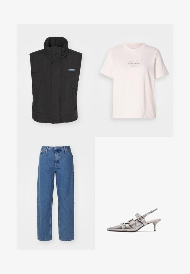 Crni prsluk bez rukava od pufera s visokim ovratnikom, s prednjim zatvaračem, dva bočna džepa i plavim "HUGO" logotipom na lijevoj strani prsa.; Svijetlo ružičasta pamučna majica s okruglim izrezom, koja sadrži srebrni izvezeni logo "Calvin Klein" i suptilan dizajn "CK" na prsima.; Svijetloplave traperice s visokim strukom, ravnim nogavicama, pet džepova i blago izblijedjelom teksturom. Zatvaranje na zakovicu i gumb.; Metalni srebrni slingback potpetice s izduženim vrhom, sa tri široke trake i kvadratnim metalnim kopčama. Sjajna tekstura i tanka potpetica.
