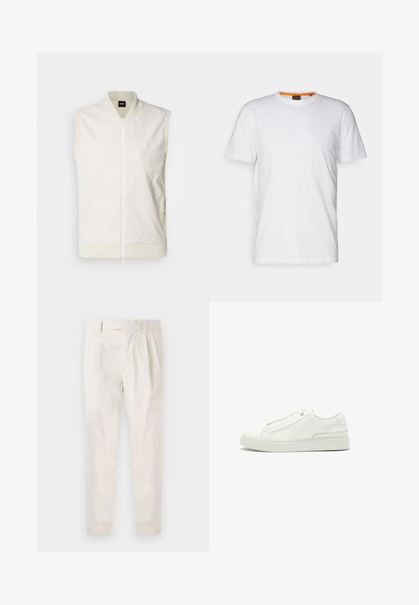 Hihaton valkoinen liivi, jossa on etuvetoketju, ribattu kaulus ja helma sekä hillitty logo rinnassa. Valmistettu sileästä, kevyestä kankaasta.; Valkoinen puuvillateepaita, jossa on pyöreä kaula-aukko, lyhyet hihat ja hillitty kohopainettu logo rinnassa. Sisämerkissä on oranssi yksityiskohta.; Valkoiset, laskostetut housut, joissa on räätälöity istuvuus. Housut ovat sileäpintaiset, niissä on vyölenkit ja kapenevat lahkeet. Ei näkyviä taskuja tai kuvioita.; Valkoinen nahkakenkä, jossa on teksturoitu yläosa, pyöreä kärki, minimalistinen muotoilu ja kumipohja, jossa on ommeltu yksityiskohta.