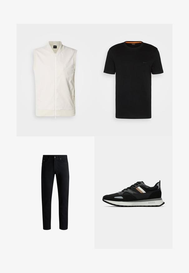 Colete branco sem mangas com fecho frontal, colarinho e bainha canelados, e um logo subtil no peito. Feito de um tecido liso e leve.; T-shirt preta de manga curta feita de um tecido macio, com um decote redondo e um logo discreto na frente. A parte interior do colarinho tem um detalhe laranja.; Jeans pretos slim-fit com cinco bolsos, fecho de botão e passantes para cinto, exibidos contra um fundo branco.; Shoe de corrida preto com uma superfície texturizada, detalhes cinza claro e três riscas horizontais em castanho. Apresenta uma sola branca acolchoada.