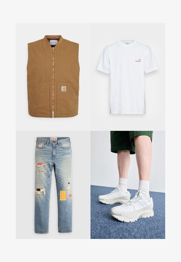 Brūns bez piedurknēm veidots veste no izturīga auduma, ar priekšējo rāvējslēdzēju, divām priekšējām kabatām un mazu logo uzlīmi apakšējā kreisajā stūrī.; Balts kokvilnas T-krekls ar īsām piedurknēm. Izstrādāts ar mazu oranžu un bordo logo kreisajā krūtī. Iespējojusi klasisku apkaklīti.; Gai zila džinsu bikses ar brīvu piegriezumu, kurām ir nolietotas pleķi dažādās krāsās un rakstos, tostarp oranžos un sarkanos akcentos.; Baltas sporta apavi ar teksturētām detaļām, masīvu zoli un pelēkiem akcentiem. Valkāti ar baltiem zeķu pēdu apģērbiem un zaļām šortiem uz zilas virsmas.