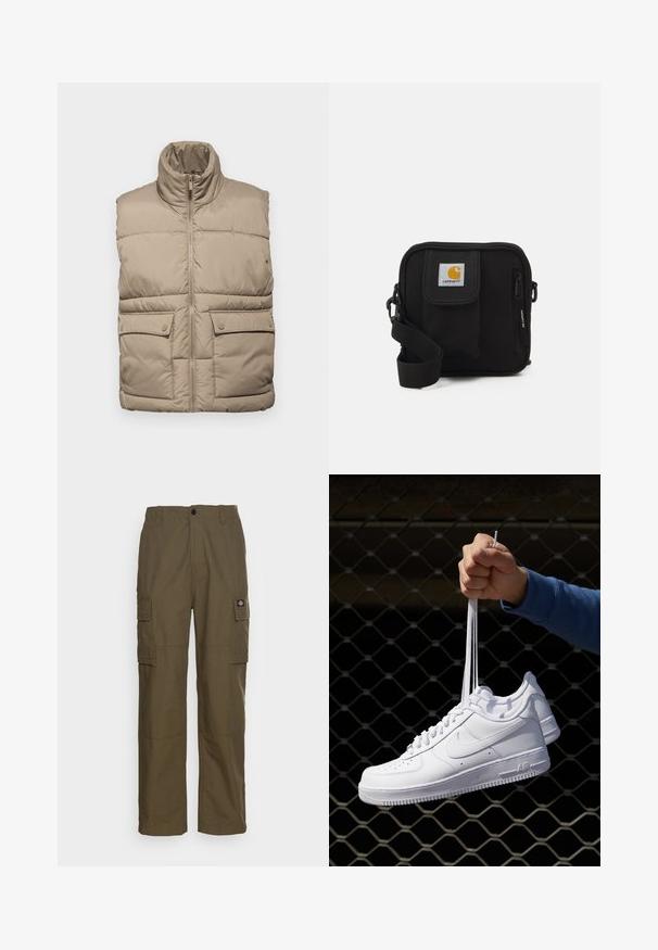 Béžová puffa vesta s vysokým golierom, predným zipsom a dvoma gombíkovými náprsními vreckami; prešívaná textúra poskytuje teplo a izoláciu.; Biela krátkoročná tričko vyrobené z bavlny, s okrúhlym výstrihom a hladkou textúrou, s rovným strihom a bez vzorov.; Cargo nohavice v olivovo zelenej farbe, vyrobené z odolného materiálu. Majú dve bočné vrecká, štandardný pás a rovný strih nohavíc.; Biele kožené tenisky s perforáciami, okrúhlou špičkou, plochou podrážkou a hrubými šnúrkami, pričom majú viditeľné logo swoosh a nápis "AIR" na päte.; Čierna crossbody taška so zipsom, hlavnou priehradkou, prednou kapsou, nastaviteľným popruhom a viditeľnou nášivkou loga na klape.