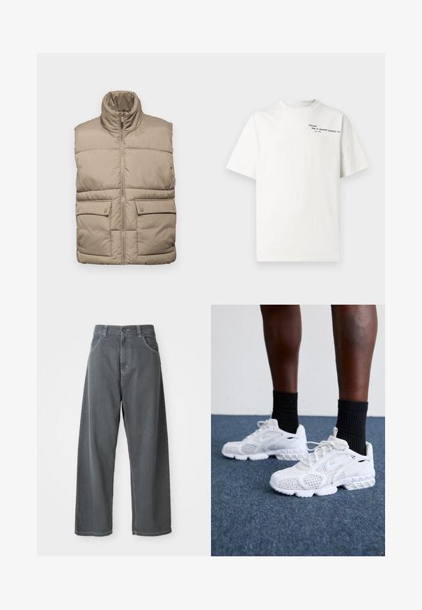 Beige puffer vest with high collar, front zip, and two buttoned chest pockets; quilted texture offers warmth and insulation.; White cotton t-shirt with short sleeves, crew neckline, and black printed text on the chest reading "Carhartt Work in Progress 1989."; Gray denim wide-leg pants with a high waist, featuring front pockets, belt loops, and a button closure at the waistband.; White athletic shoes with mesh upper, textured accents, and cushioned sole. Paired with black ribbed ankle socks on a blue carpeted surface.