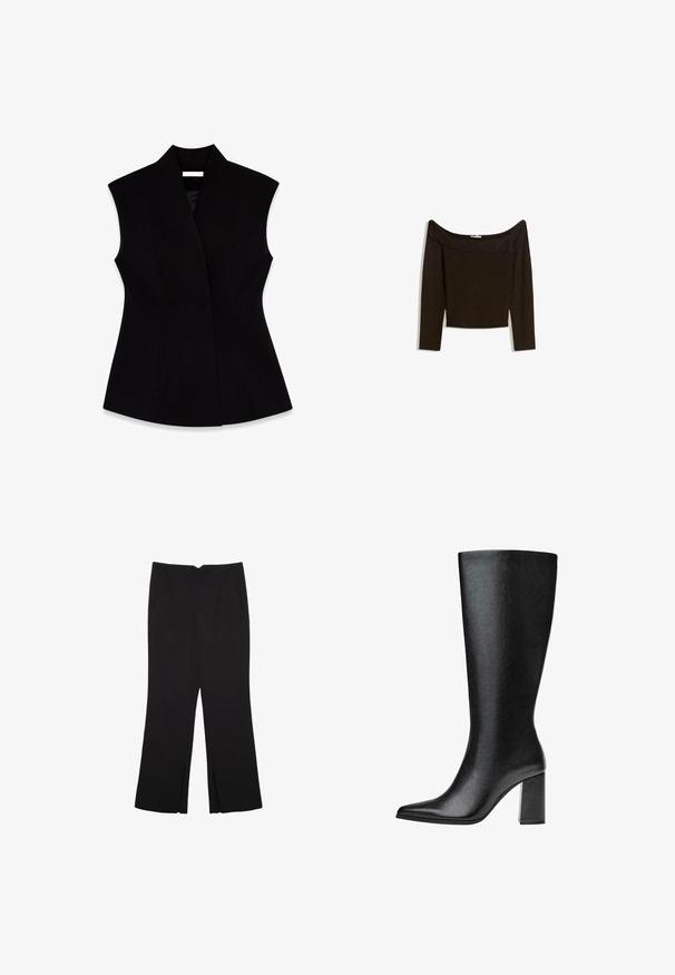 Črn brezrokavnik z visokim ovratnikom, izdelan iz gladkega materiala, z oblikovanim silhuetom in stranskimi šivi za oblikovanje.; Top s spuščenimi rameni v temno rjavi barvi iz prilegajočega pletenega materiala. Ima dolge rokave in skrajšan dizajn z gladko teksturo.; Črne hlače ravnega kroja z naglavnimi žepi in stranskimi razporki na robu. Narejene iz mehke, gladke tkanine. Primerne za različne priložnosti.; Črne škornje do kolen iz umetnega usnja s koničastim nosom, gladko teksturo in debelim blok peto. Minimalistična zasnova brez vidnih dodatkov.