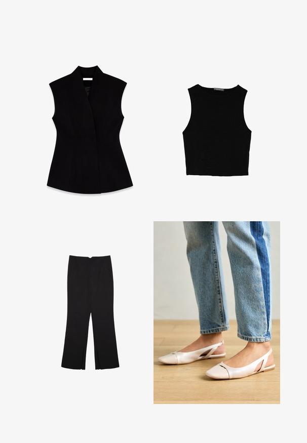 Czarna bezrękawnik z wysokim kołnierzem, wykonany z gładkiego materiału, z dopasowanym krojem i bocznymi szwami dla lepszego wymodelowania sylwetki.; Czarny bezrękawnik crop top z gładkiego materiału, z okrągłym dekoltem i czystym, prostym wzornictwem, bez wzorów czy metalowych elementów.; Czarne spodnie o prostym kroju, z przednimi kieszeniami i bocznymi rozcięciami na dole. Wykonane z miękkiego, gładkiego materiału. Odpowiednie na różne okazje.; Jasnoróżowe baleriny na odkrytej pięcie z wąskim noskiem, wykonane z gładkiego materiału imitującego skórę. Posiadają wycięcia po bokach oraz płaski obcas.