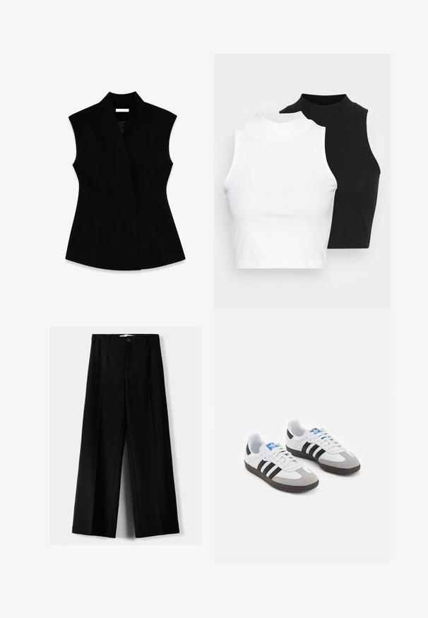 Čierna bezrukávová vesta s vysokým golierom, vyrobená z hladkej látky, s priliehavým strihom a bočnými švami na tvarovanie.; Dve bezrukávové rebrované roláky v čiernej a bielej farbe, pričom majú priliehavý strih a hladkú textúru, s krátkou dĺžkou.; Čierne široké nohavice z ľahkého materiálu, s predným zapínaním na gombík a plochým predným dielom, s pekne ušitými lemami.; Športové topánky s bielym koženým zvrškom, šedou semišovou špičkou a tromi čiernymi pruhmi. Obsahujú modré logo na jazyku a štruktúrovanú gumovú podrážku.
