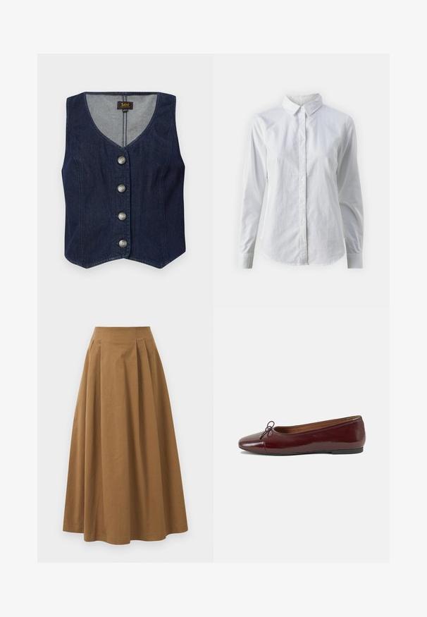 Mørk denim vest med V-hals, fem metallknapper og en tettsittende design. Har en rett kant og innerfôr i et lysere stoff.; Hvit skjorte med knapper laget av glatt bomull, med klassisk krage, lange ermer og buet skjær. Knapper er små og hvite.; Brun bomull A-linje skjørt med høy midje, med folder foran og en jevn tekstur. Kantene er rene og enkle.; Burgunderrød lakk lær ballettleilighet med rund tå, liten sløyfe foran og en lav, svart gummisåle. Glatt tekstur.
