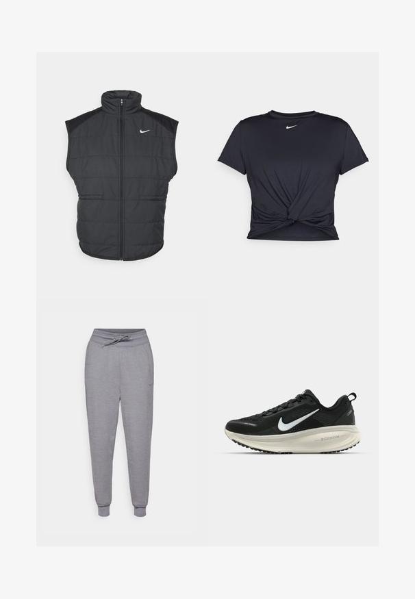 Gilet en duvet noir avec un col haut, une fermeture zippée à l'avant et des poches latérales. Présente un logo Nike sur la poitrine gauche et une texture matelassée.; T-shirt de sport noir en tissu lisse, avec un design avant noué et un petit logo Nike blanc sur la poitrine.; Pantalons de survêtement gris fuselés avec taille à cordon, poignets élastiques et un logo Nike discret sur la cuisse gauche. Tissu doux et texturé.; Baskets de course noir Nike avec tige respirante en mesh, logo swoosh blanc, détails texturés et semelle intermédiaire ZoomX de couleur crème.