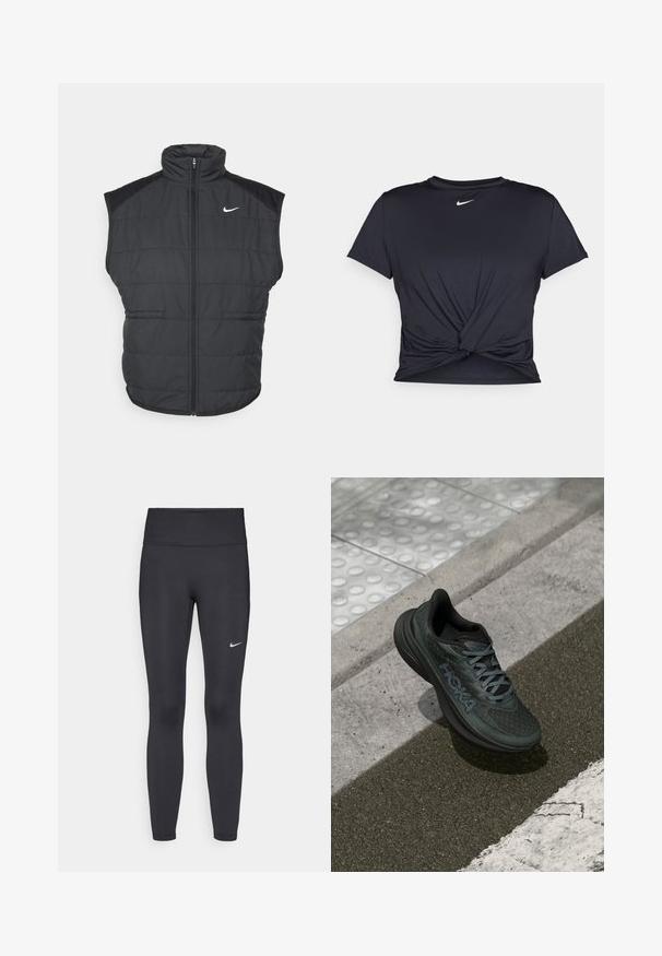Schwarze Steppweste mit hohem Kragen, Reißverschluss vorne und Seitentaschen. Enthält ein Nike-Logo auf der linken Brust und eine gesteppten Textur.; Schwarzes Sport-T-Shirt aus glattem Stoff, mit einem geknoteten Vorderdesign und einem kleinen weißen Nike-Logo auf der Brust.; Schwarze Leggings aus elastischem Stoff, mit einem hohen Bund und einem weißen Nike-Logo auf dem linken Oberschenkel. Glatte Textur, figurbetontes Design.; Schwarzer Laufschuh mit Mesh-Obermaterial, strukturierten Akzenten und Logo, mit einer gepolsterten Sohle und grauen Schnürsenkeln, auf Asphalt platziert.