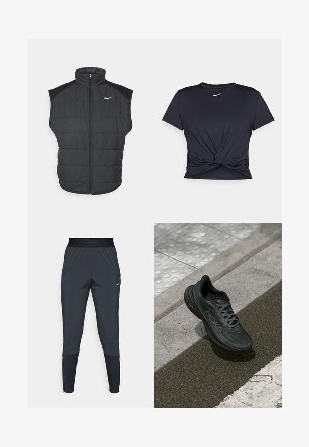 Black puffer vest with a high collar, zippered front, and side pockets. Features a Nike logo on the left chest and a quilted texture.; Black athletic t-shirt made of smooth fabric, featuring a knotted front design and a small white Nike logo on the chest.; Nike athletic pants in dark gray, featuring a tapered leg design, elastic waistband, and accent details near the cuffs.; Black running shoe with mesh upper, textured accents, and logo, featuring a cushioned sole and gray laces, positioned on pavement.