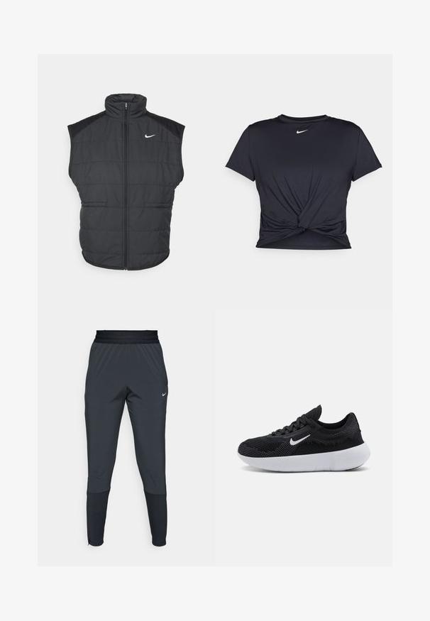 Colete puffer preto com gola alta, fecho éclair à frente e bolsos laterais. Apresenta um logótipo da Nike no lado esquerdo do peito e uma textura acolchoada.; T-shirt atlético preto feito de tecido liso, apresentando um design frontal com nó e um pequeno logótipo branco da Nike no peito.; Calças de treino Nike em cinza escuro, com um design de perna afunilada, cintura elástica e detalhes de destaque próximo aos punhos.; Sapato atlético preto com parte superior em malha, design texturizado, bico arredondado, sola de borracha branca e um logotipo da Nike na lateral.