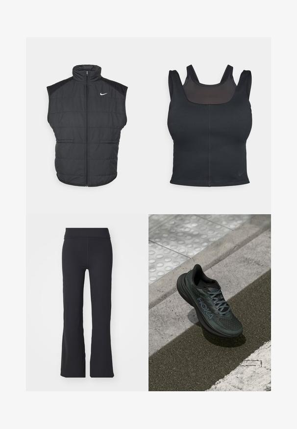Gilet imbottito nero con colletto alto, chiusura con zip e tasche laterali. Presenta il logo Nike sul lato sinistro del petto e una texture trapuntata.; Bra sportivo nero con design aderente, spalline larghe e sovrapposizione in rete sul davanti. Texture liscia e cuciture minime. Logo Nike sulla parte inferiore.; Pantaloni neri svasati realizzati in tessuto elasticizzato con una vita alta. Presentano linee pulite e una texture liscia, adatti per un look casual.; Scarpa da corsa nera con tomaia in rete, accenti testurizzati e logo, dotata di suola ammortizzata e lacci grigi, posizionata su una pavimentazione.