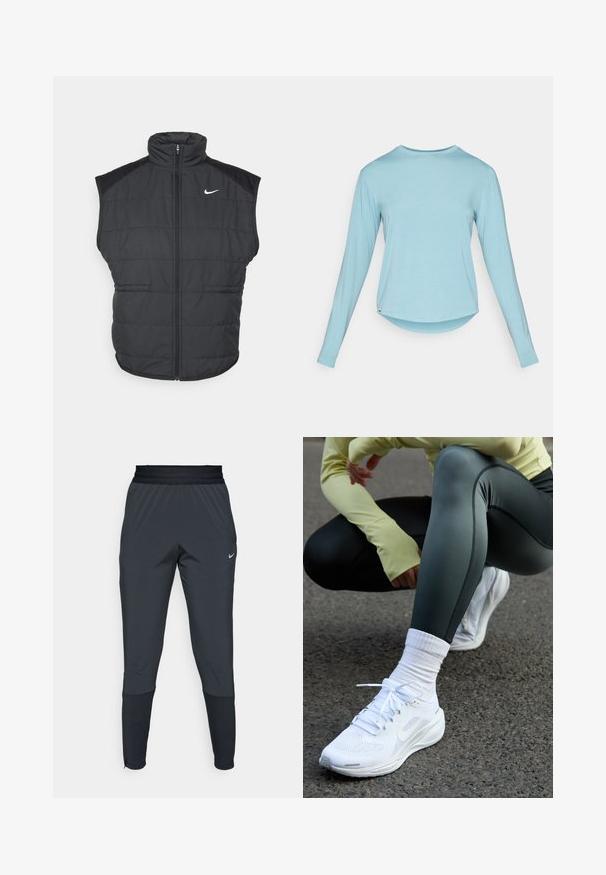 Gilet en duvet noir avec un col haut, une fermeture zippée à l'avant et des poches latérales. Présente un logo Nike sur la poitrine gauche et une texture matelassée.; Chemise à manches longues bleu clair à col rond avec un ourlet légèrement courbé, présentée à plat sur un fond blanc.; Pantalons de sport Nike en gris foncé, avec une coupe fuselée, une taille élastique et des détails accentués près des poignets.; Des chaussures de sport blanches avec une tige en mesh, des lacets plats et une semelle rembourrée, associées à des leggings vert foncé et un haut à manches longues jaune clair.