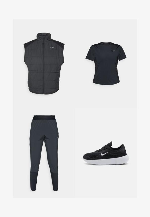 Black puffer vest with a high collar, zippered front, and side pockets. Features a Nike logo on the left chest and a quilted texture.; Black short-sleeve athletic shirt made of lightweight, moisture-wicking fabric. Features a crew neck and small white Nike logo on the chest.; Nike athletic pants in dark gray, featuring a tapered leg design, elastic waistband, and accent details near the cuffs.; Black athletic shoe with a mesh upper, textured design, round toe, white rubber sole, and a Nike logo on the side.