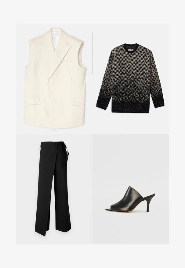 Krēma krāsas bezpiedurkņu žakete, izgatavota no gludas auduma, ar izteiktu lapiņu, priekšējiem kabatām un vienu dekoratīvu piespraudi.; Adītā džemperis ar dimanta rakstu bēšā un melnā krāsā, ar pakāpenisku krāsu pāreju. Apaļā izgriezuma un garām piedurknēm. Mīksta tekstūra.; Melni platās bikses ar jostas saišķi, gluda tekstūra un priekšējais šķēlums, izstrādātas ērtībai un brīvai kustībai.; Melna ādas atvērta pirksta mule ar elegantu, izliekta dizaina, augstu stiletto papēdi un gludu tekstūru. Iekšpusei ir kontrastējoša gaiša krāsa.