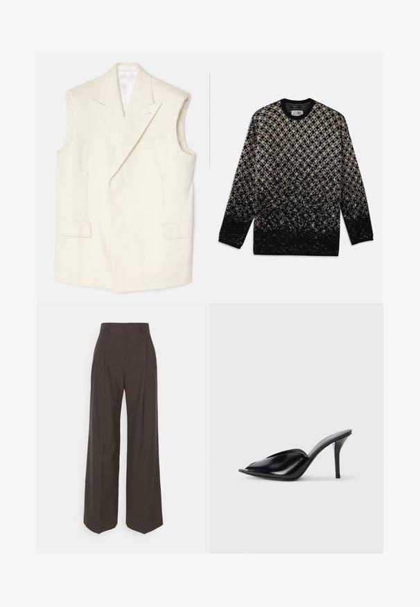 Cremefarvet ærmeløs blazer lavet af glat stof, med spids krave, forlommer og en enkelt dekorativ nål.; Striktrøje med et diamantmønster i beige og sort, med en gradvis farveovergang. Rund hals og lange ærmer. Blød tekstur.; Mørkebrune brede bukser med høj talje, der har pænt pressede folder, glat overflade og en skræddersyet pasform.; Sorte læder højhælede mules med åbent tådesign, spidse former, glat tekstur og en slank stiletto hæl.