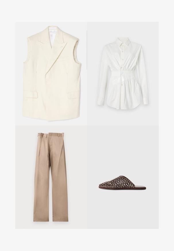 Cremfarbener ärmelloser Blazer aus glattem Material, mit einem spitzen Revers, vorderen Taschen und einer einzelnen dekorativen Nadel.; Weißes Hemd mit Knopfleiste, langen Ärmeln, einer taillierten Details und einem glänzenden Gürtelakzent. Hergestellt aus glattem, leichtem Stoff.; Beige maßgeschneiderte Hosen mit geradem Bein, flacher Front, Gürtelschlaufen und Falten. Gefertigt aus glattem Stoff mit weicher Textur.; Braune gewobene Rutsch-Sandale mit abgerundeter Zehe, offenem Design, flacher Sohle und texturierter Oberfläche. Leichtes Material und minimalistisches Silhouette.