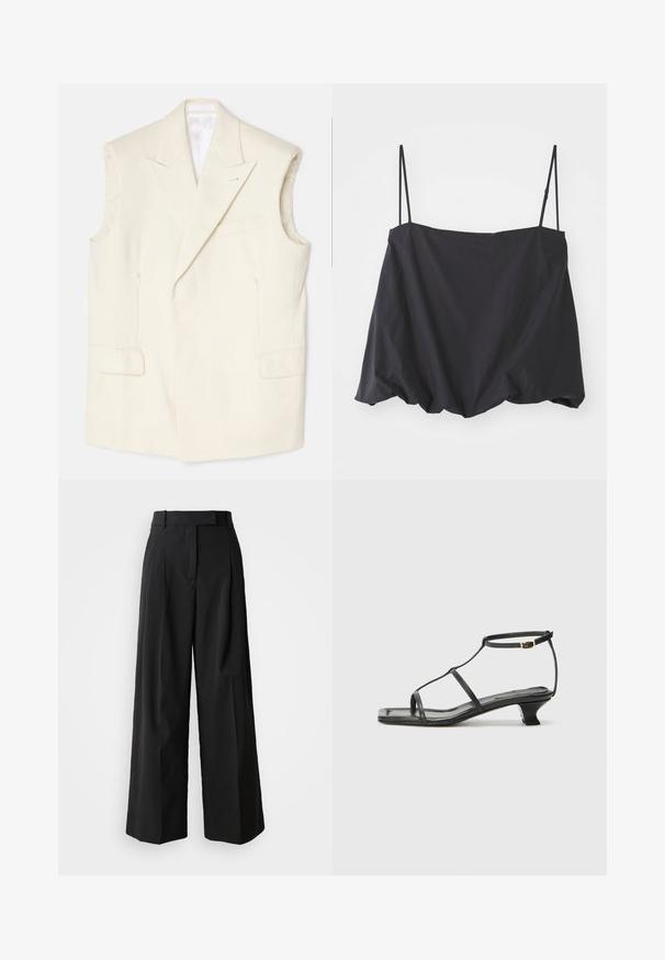 Cremfarbener ärmelloser Blazer aus glattem Material, mit einem spitzen Revers, vorderen Taschen und einer einzelnen dekorativen Nadel.; Schwarzes ärmelloses Oberteil mit dünnen Trägern, lockerer Passform und gerafftem Saum. Hergestellt aus leichtem Stoff mit glatter Textur.; Schwarze weit geschnittene Hose aus glattem Stoff mit hohem Bund, ausgestattet mit zwei vorderen Falten und einem taillierten Design.; Schwarze Ledersandale mit quadratischer Zehenpartie, dünnen Riemen, verstellbarem Knöchelriemen und einem niedrigen Absatz. Mit einem kleinen goldenen Akzent am Riemen.