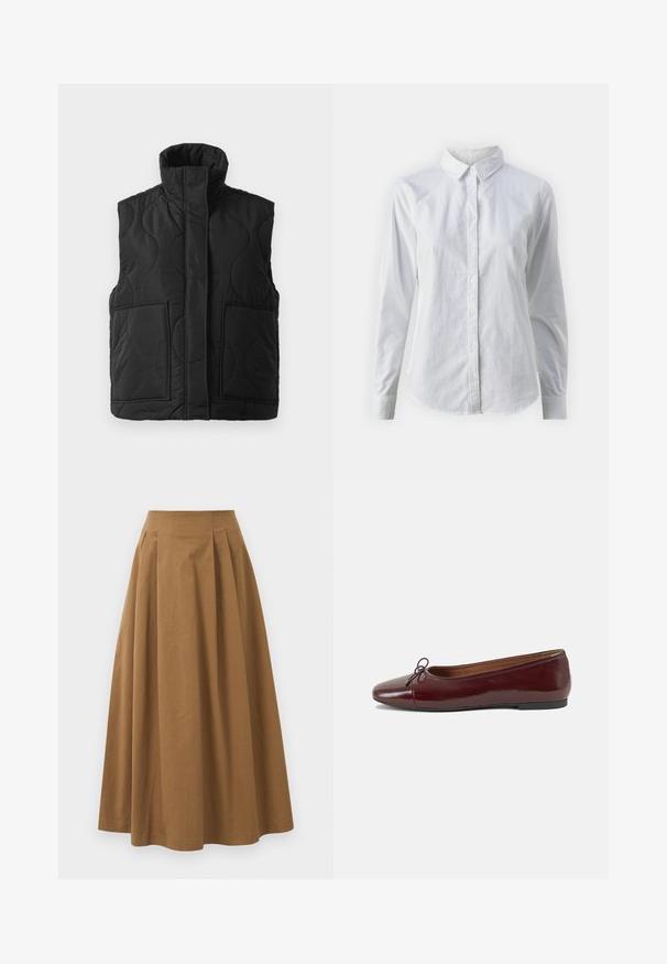 Svart kviltad ärmlös väst med hög krage, framfickor och dold framdragkedja på en vit bakgrund.; Vit skjorta med knappar, tillverkad av mjuk bomull, med klassisk krage, långa ärmar och en böjd fåll. Knapparna är små och vita.; Brun bomull A-linje kjol med hög midja, med veck ned längs framsidan och en mjuk textur. Sömmen är ren och enkel.; Burgunderfärgad lackläderballettskor med rund tå, liten rosettdekoration fram och en låg, svart gummisula. Slät textur.