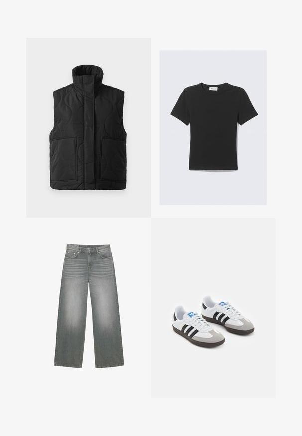 Svart kviltad ärmlös väst med hög krage, framfickor och dold framdragkedja på en vit bakgrund.; Svart kortärmad T-shirt i mjuk bomull med rund halsringning och normal passform, utan synliga mönster eller detaljer.; Breda ben, grå denimjeans med en något blekt yta, femficksdesign och klassisk knapp- och dragkedjestängning.; Sportskor med överdel i vit läder, grå mocka på tårna och tre svarta ränder. Har en blå logotyp på tungan och en texturerad gummisula.