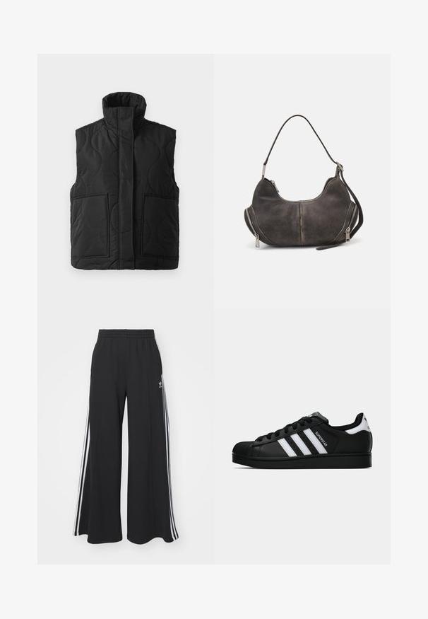 Black quilted sleeveless vest with high collar, front pockets, and concealed front zipper on a white background.; Black ribbed cropped top with a round neckline and sleeveless design. Made from a stretchy, textured fabric. Label reads "Urban Classics."; Black wide-leg sweatpants with an elastic waistband, featuring white side stripes and an embroidered logo on the left thigh.; Black Adidas Superstar sneaker with white stripes, shell toe, and "Superstar" text on side, shown in side profile on white background.; Hobo bag in dark gray suede with curved shape, top handle, and side zippers with metal pulls. Smooth texture and visible stitching details.