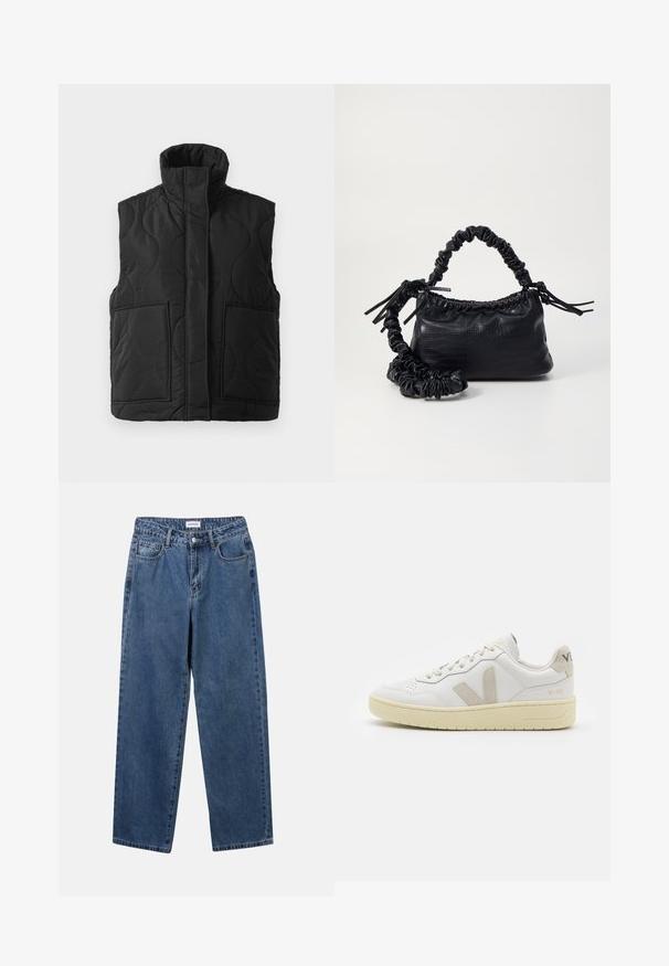 Svart quilted ermeløs vest med høy krage, frontlommer og skjult frontglidelås på hvit bakgrunn.; YAS YASMILLE - Poloskjorter - black/star white; Klassiske blå denimjeans med rett ben-design, fem lommer og knappelukking. Har en middels vask og solid tekstur.; Hvite lær sneakers med beige semsket detaljer, perforert tåboks, flate lisser og en teksturert kremfarget såle. Har subtil branding på hælen.; Svart faux skinn-håndveske med krokodilletekstur, strammet topp og en rynket stropp. Ser myk og kompakt ut i designen.