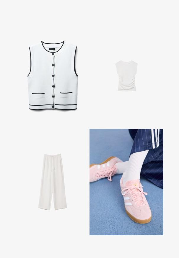 Weißer ärmelloser Cardigan mit schwarzem Besatz, fünf Knöpfen auf der Vorderseite und zwei horizontalen Taschen auf Taillenhöhe. Weicher, strukturierter Stoff.; Weißes Kurzarmoberteil mit Rundhalsausschnitt. Verfügt über geraffte Textur an den Seiten und eine figurbetonte Silhouette, gefertigt aus weichem, dehnbarem Material.; Weiße weit geschnittene Hose aus leichtem Stoff. Mit einem elastischen Bund und Kordelzug sowie Seitentaschen. Glatte Textur.; Hellrosa Wildleder-Sneaker mit weißen Streifen und Schnürsenkeln, ausgestattet mit einer strukturierten Zunge und einer Gummisohle, auf einem blauen Teppich platziert.