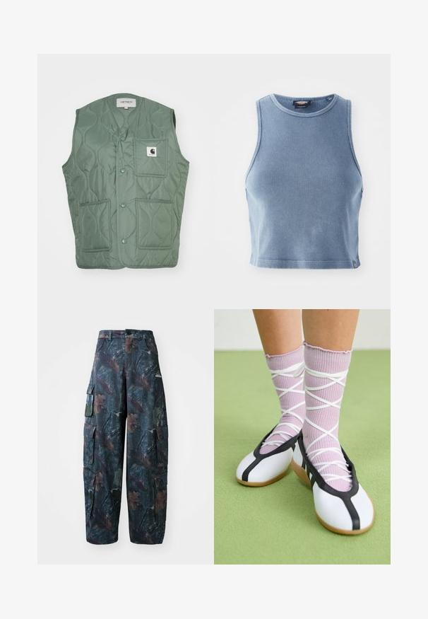 Kviltna brezrokavnik v zatemnjeni zeleni barvi, z V-izrezom, gumbi na pritisak, dvema sprednjima žepoma in logotipno nalepko. Lahkoten sintetični material.; Svetlo modra rebrasta crop majica z okroglim izrezom in brezrokavnim dizajnom. Gladka tekstura in majhna logotska podrobnost na robu.; Kamuflažne cargo hlače v temno zeleni in rjavi barvi, z več žepi in ohlapnim krojem, izdelane iz lahkega, trpežnega blaga.; Bele čevlji z ravnim podplatom in črnim robom ter podplatom, v kombinaciji s svetlo vijoličastimi rebrastimi nogavicami, ki imajo bele križaste trakove. Postavljeni na zeleni podlagi.